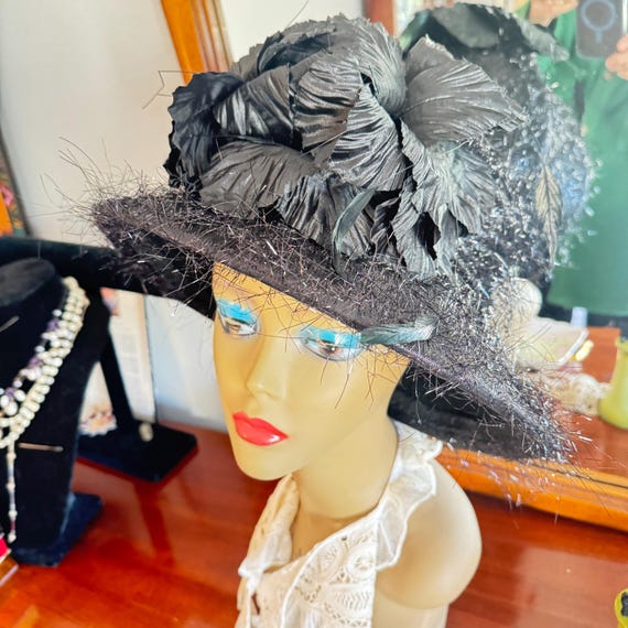 Whittall & Shon Black & Silver Felt Vintage Whittall & Shon Black Felt Wool Hat W/ Feather Brim  main image 3
