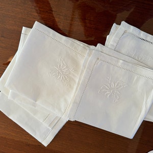 White on White Embroidery Hemstitched Linen Luncheon Napkins  c1930... 6Pc