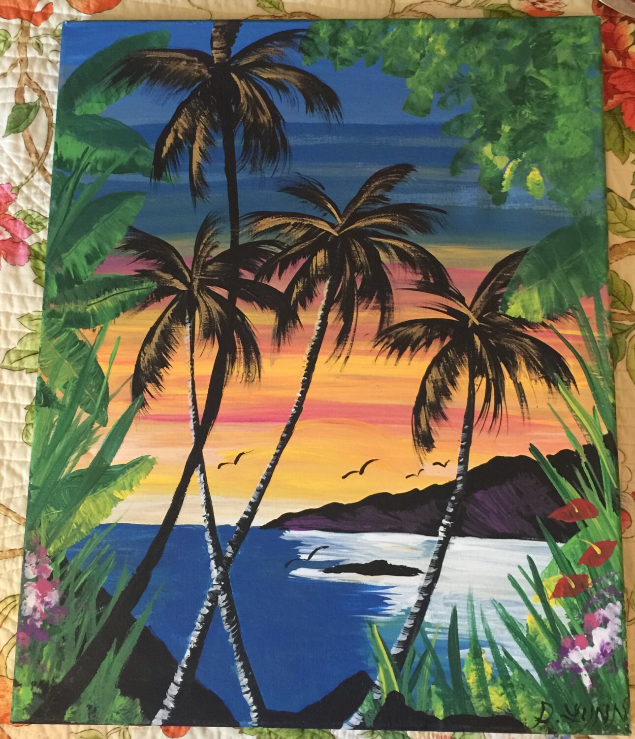 Hawaii Painting On Canvas Vintage Palm Trees and Sunset Ocean Etsy