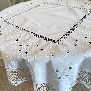 Vintage Tablecloth Hand made, Hand Crochet and Embroidery, White Linen Tablecloth  Table Ready, 42&quot;x 42&quot; Excellent Condition