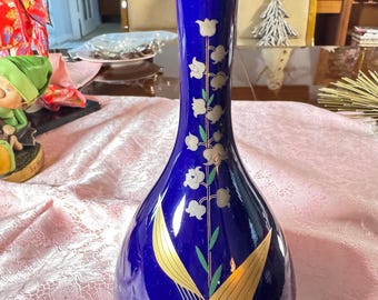 Koransha Imari Vase Cobalt Blue Porcelain Floral Bud Vase Fukagawa Japan 1950