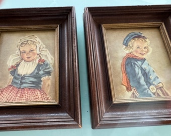 2 Vintage Ann Allaben Prints Robert & Marian VILAS MAGES Wood Recessed Frames RARE Child Portraits