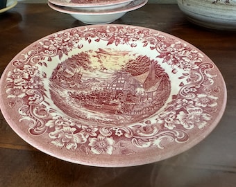 Vintage Staffordshire 17TH CENTURY RED Transfer-ware Rimmed Soup Bowls Pristine 2Pc * Rage Reviews*