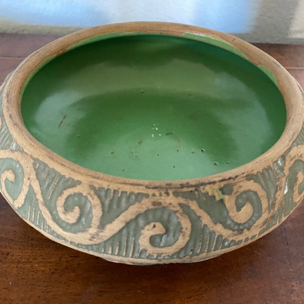 Antique Red Wing Stoneware Brushware Arts & Crafts Era Enamel Green Bowl Fall Decor