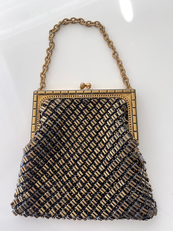Vintage Whiting Davis Gold Black Mesh Purse with B