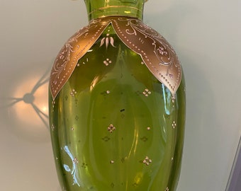 Art Glass Vase Moser, Harrch BOHEMIAN  Heavy Gilt Gold Enameled Tiny Flowers  11 H Emerald Ruffled Rim FALL DECOR