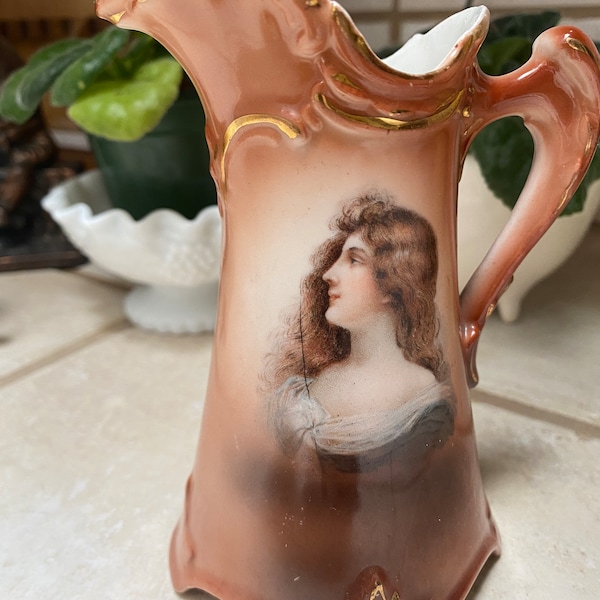 Antique 6" Pitcher Art Nouveau Woman Lovely Painted Portrait Porcelain Austria