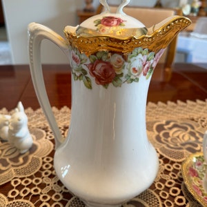 Antique P.K. Silesia Chocolate Pot and Demitasse Cups and Saucers Set, Porzellanfabrik Koenigszel 1914-18 Germany 13 pcs SET