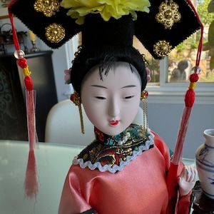 SILK Chinese Doll with Elaborate Headress, Sitting on Ceramic Stool, Ornate Side Table with Ceramic Vase  RARE c1950