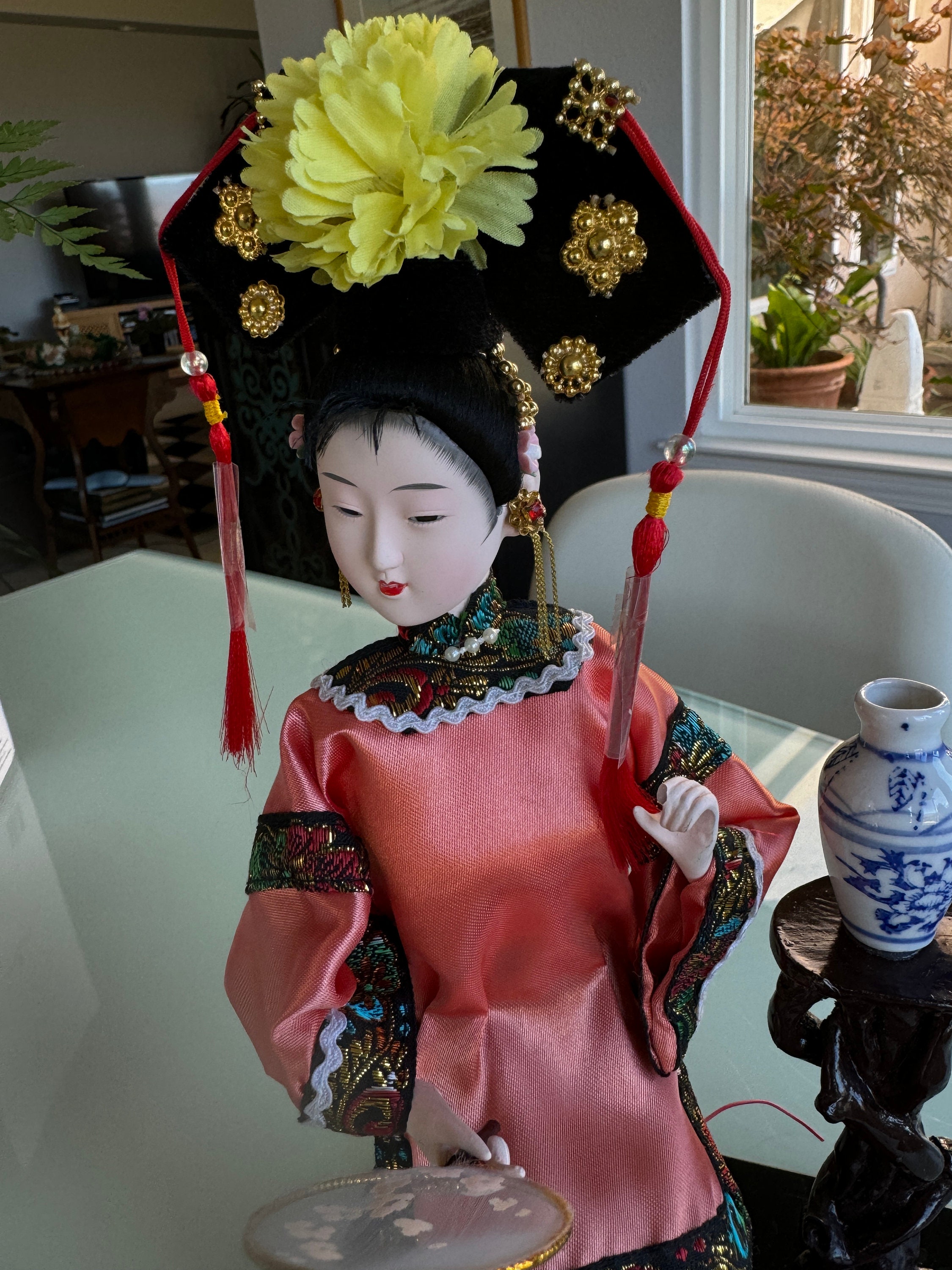 SILK Chinese Doll With Elaborate Headress, Sitting on