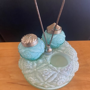 Antique American Cruet Set Aqua Blue Glass, Frosted Cruet c 1890 RARE Beautiful!