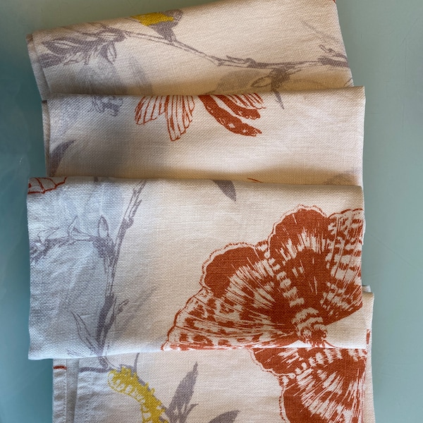 Vintage LINEN over sized Napkins Dwell Studio INSECTS Cream with Orange, Yellow, Gray 4 PC