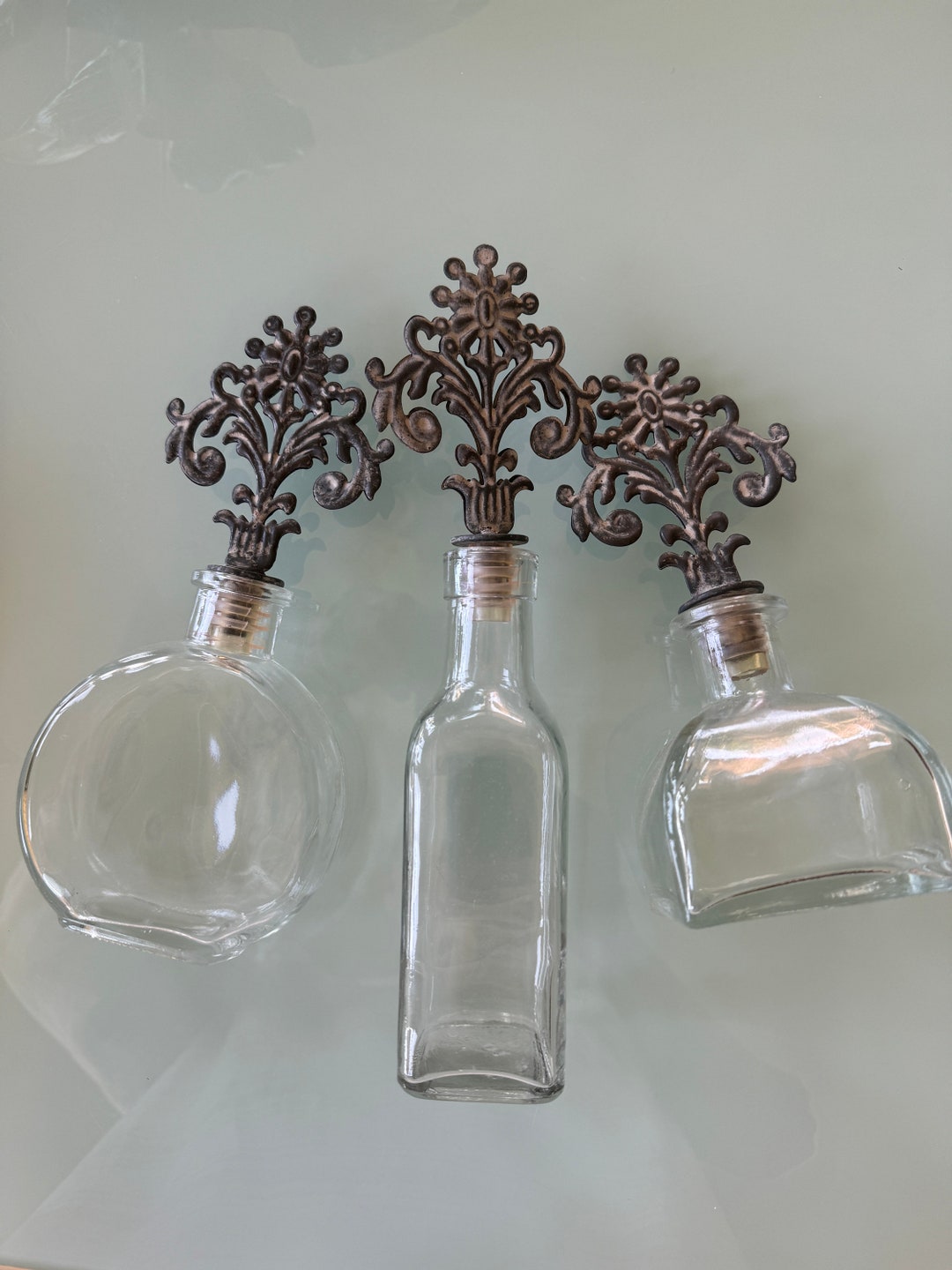 Decorative Clear Glass Bottles With Metal Finials Art Nouveau Style Trio - Etsy