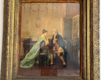 Grande chromolithographie ancienne 33 "x 38", incroyable cadre orné d'or doré, original, verre ondulé, superbe couleur, cour, colonial c1880 RARE