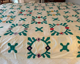 RARE Applique Quilt Cover Green on Cream SCARCE Pattern Hand Made Hand Stitched HARD to Find 72 x 92 Folk Art c1930