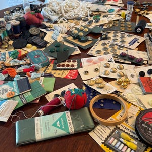 Huge Sewing Lot, Buttons, Thread and Spools, Tatting Shuttle,Faux Pearls, Much more