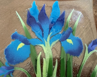 Vintage Floral IRIS assiette plate 10" carré fusion art verre signé 1 assiette excellent RARE