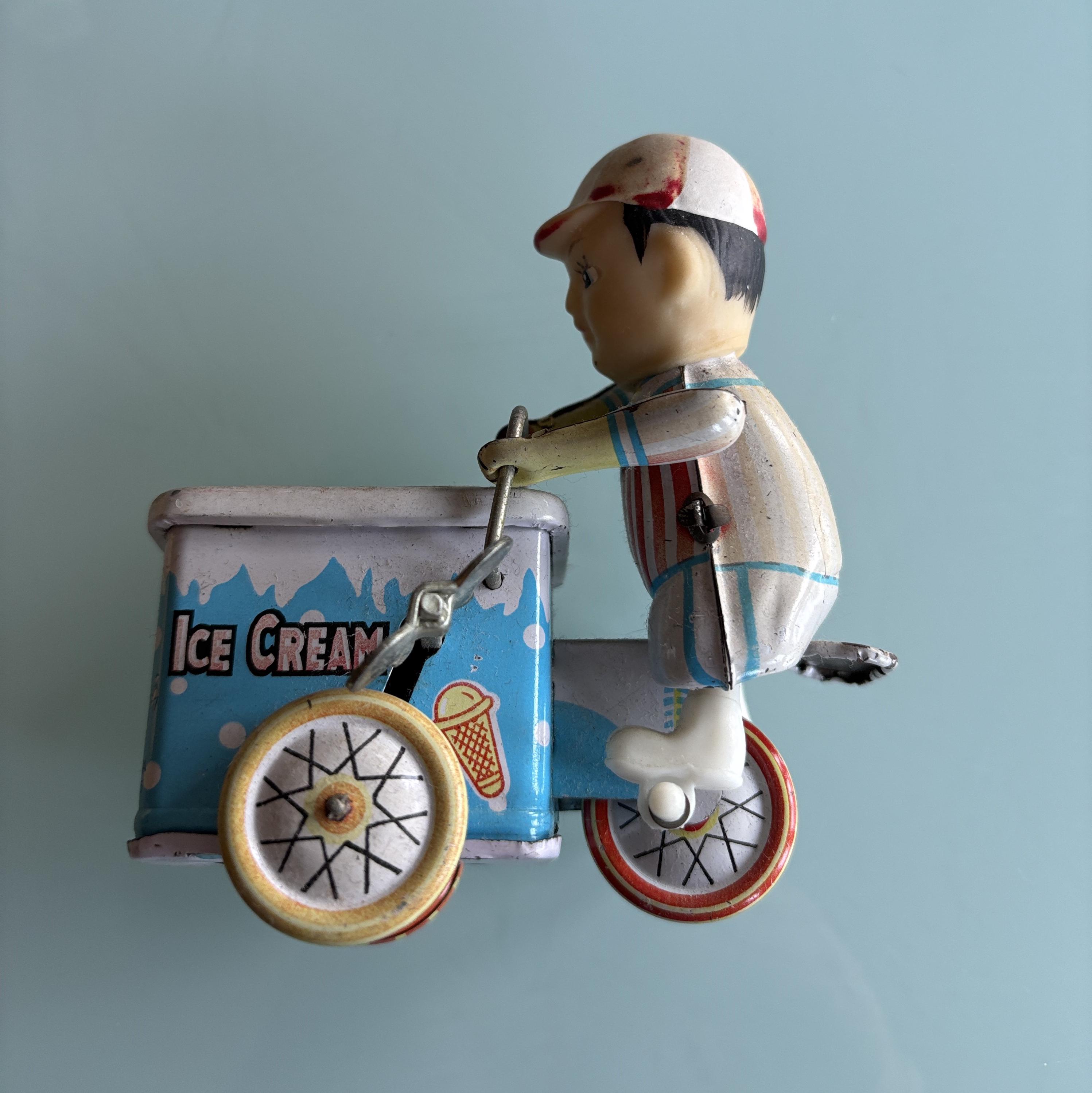 Tin Litho Wind-up Ice Cream Bicycle Man, Toy, Still Runs Hand