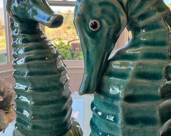 SEAHORSE PAIR 15" Tall Green Aqua Teal Color Porcelain Seahorse Statues, Figurines