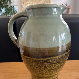 Pitcher Pottery Hand Thrown Signed 10&quot; RARE, Mid-20th Century Stoneware Pitcher glazed color Green Brown  Original perfect conditions