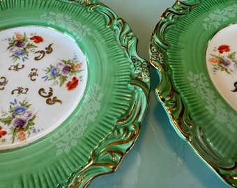 Vintage Antique Salad Plates, Hand Painted Botanical, Turquoise Border Gold Scalloped Rim, Set of 4