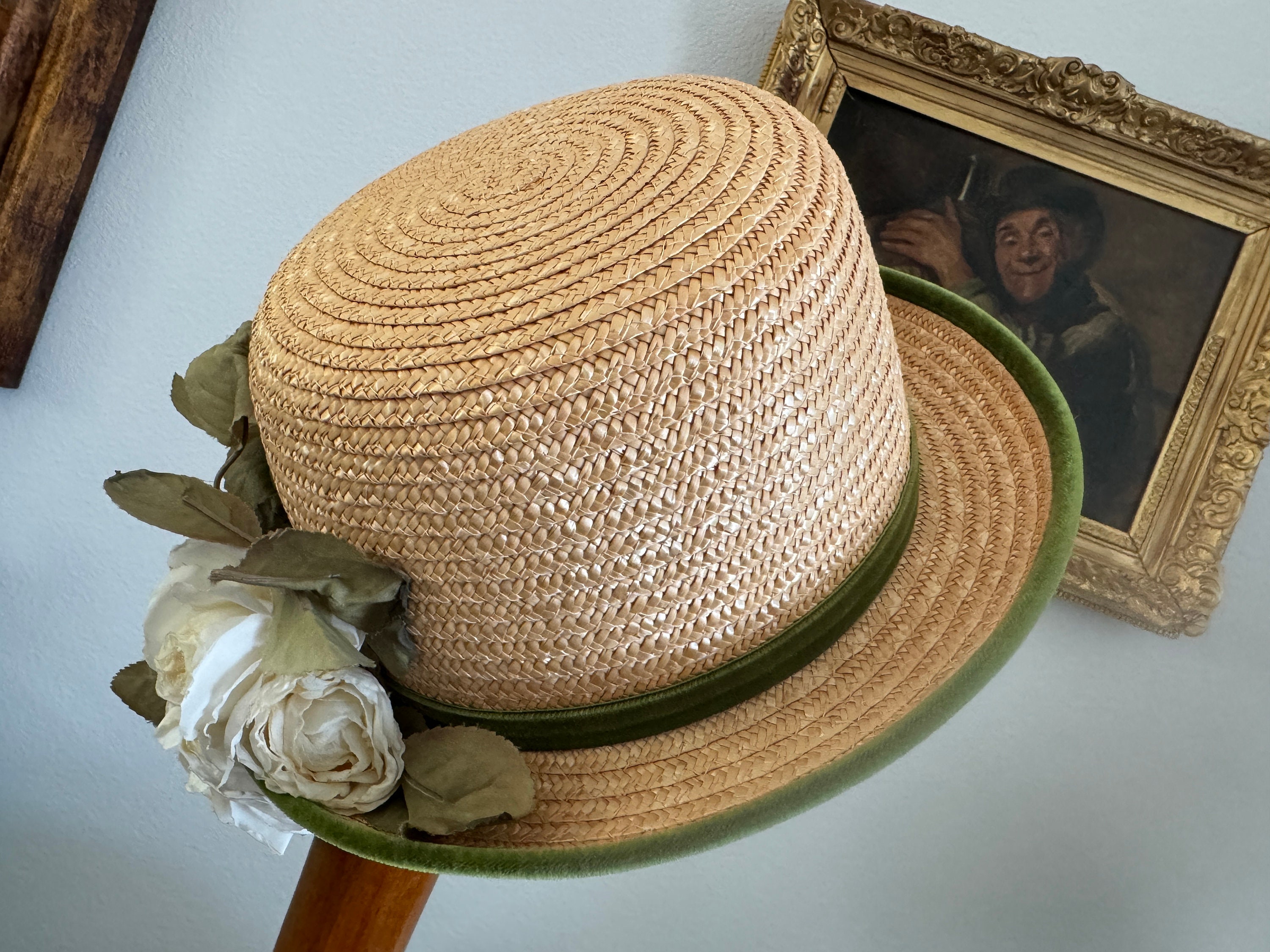 Kokin NEW YORK Straw Brimmed Hat Green Velvet Green Piping  display picture 1