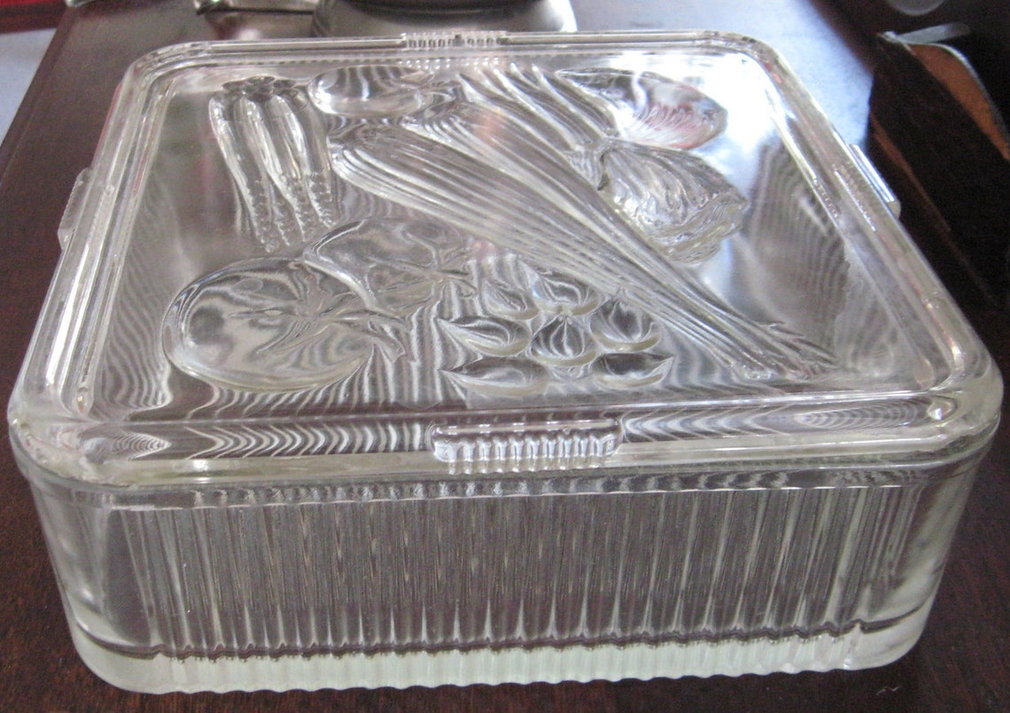 Vintage Glass 2 piece Refrigerator Container Lid Raised Design Etsy