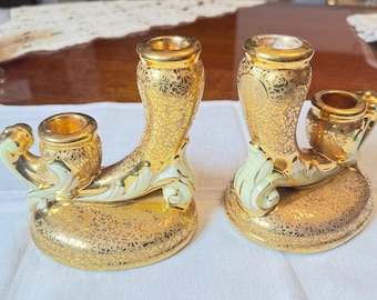 Bougeoirs vintage en porcelaine incrustée d'or 22 carats, or vif, double bougeoirs Hollywood Regency des années 40, États-Unis, 2 pièces RARE, cadeau immaculé