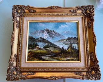 Oil Painting  and Pine Trees Mountain with Cabin  Gorgeous SIGNED  8 x 10"