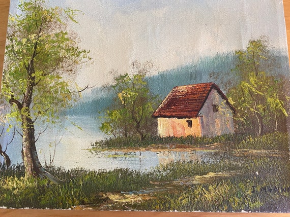 J.medina 油絵 J Medina Oil Painting Cabin Lake House 8