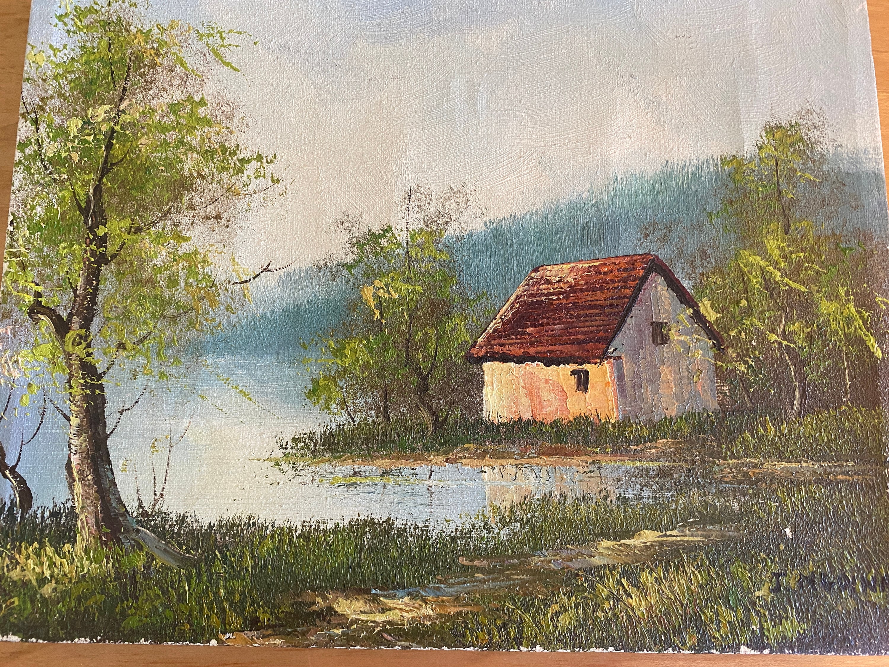 油絵 j.medina作品 J Medina Oil Painting Cabin Lake House 8