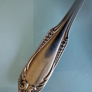 May include: Close-up of the ornate handle of a silver spoon. The handle is decorated with a series of small, round beads and a swirling, floral design.
