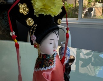 SILK Chinese Doll With Elaborate Headress, Sitting on