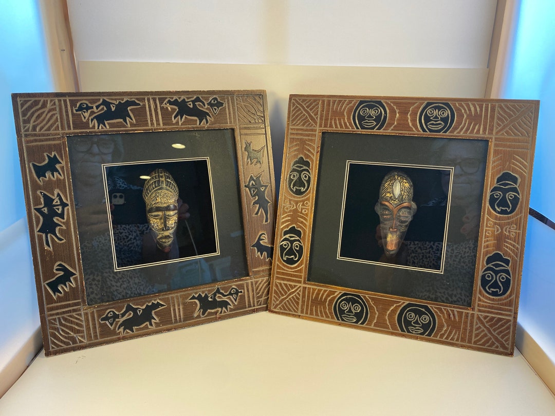 AFRICAN Wall Hangings Hand Carved Faces in Deep FRAME Pair Etsy