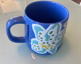 Starbuck's - 2021 Embossed Iris Flower Blue Mug - 12Oz - Flared Base