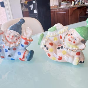 Vintage Clowns c1950 Ceramic Playful Clowns JAPANESE Porcelain Happy SILLY CLOWNS  2 Pc Pristine