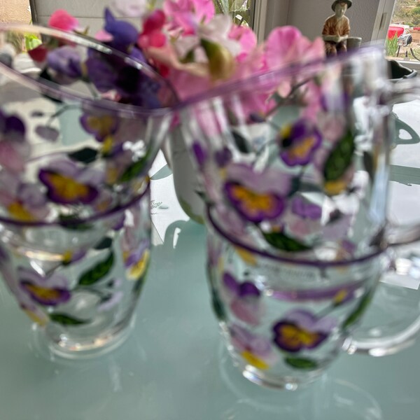 Amazing Clear Teacups Embellished with Johnny Jump up Flowers Hand Made, Jewels, Pansy Flower Set of 4