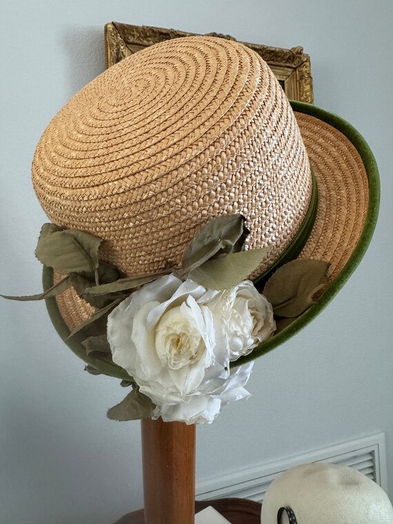 Kokin NEW YORK Straw Brimmed Hat Green Velvet Green Piping  display picture 1