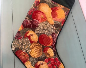 Christmas Needlepoint Stocking with Fruit, Seasonal Decor Williamsburg  20" tall