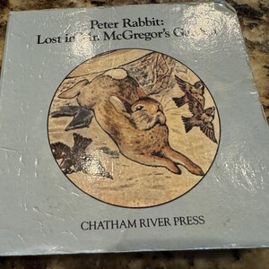 May include: A blue book cover with the title "Peter Rabbit: Lost in Mr. McGregor's Garden" and a picture of a rabbit running through a garden with birds flying around.