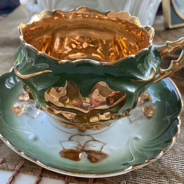 Antique German Lustre Cup PORCELAIN Gold Gilt Gold Orchid RARE