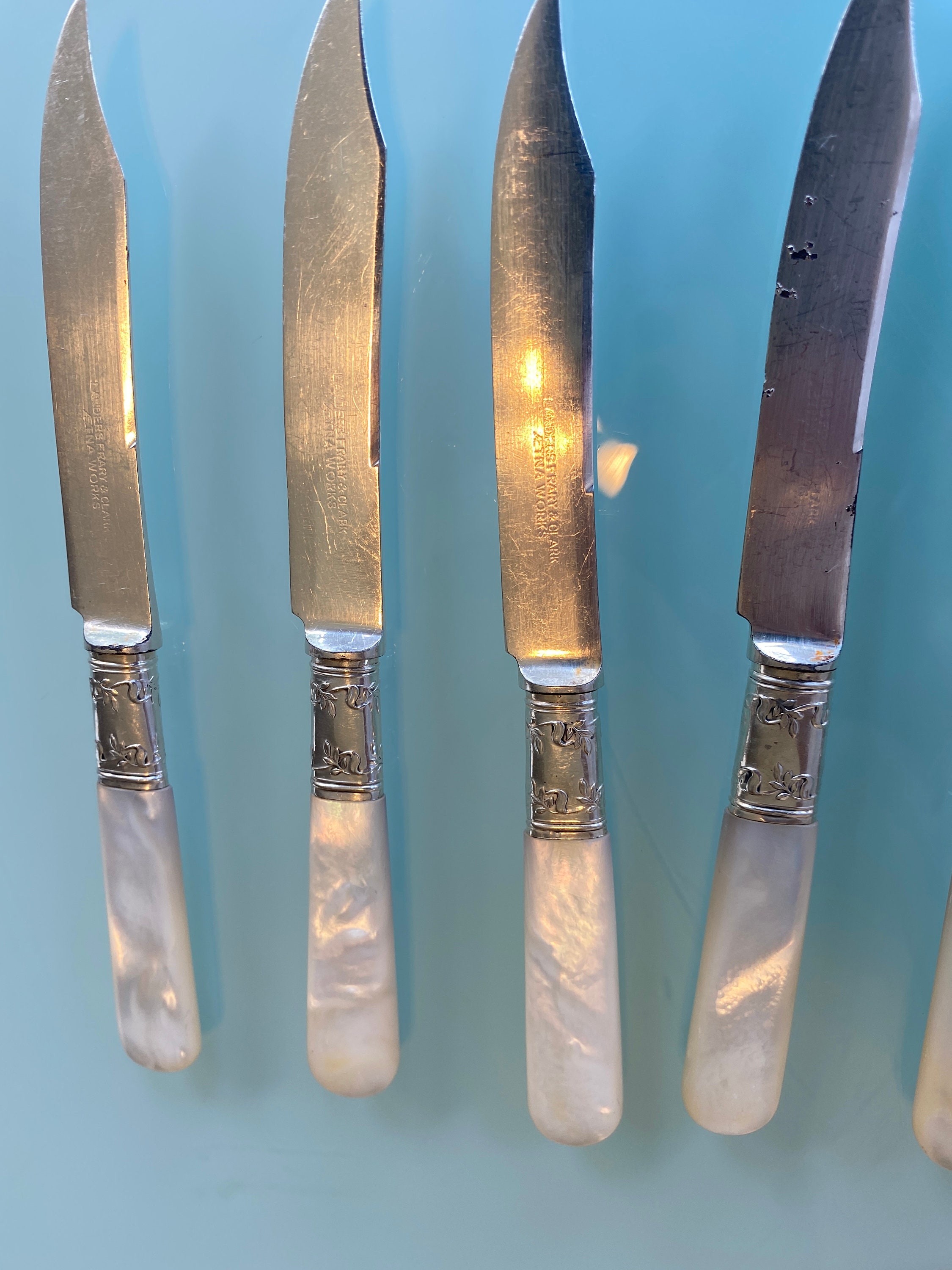 Landers Frary and Clark Aetna Works Sterling Mother of Pearl 6 Fruit Knives  Antique C1890 RARE 