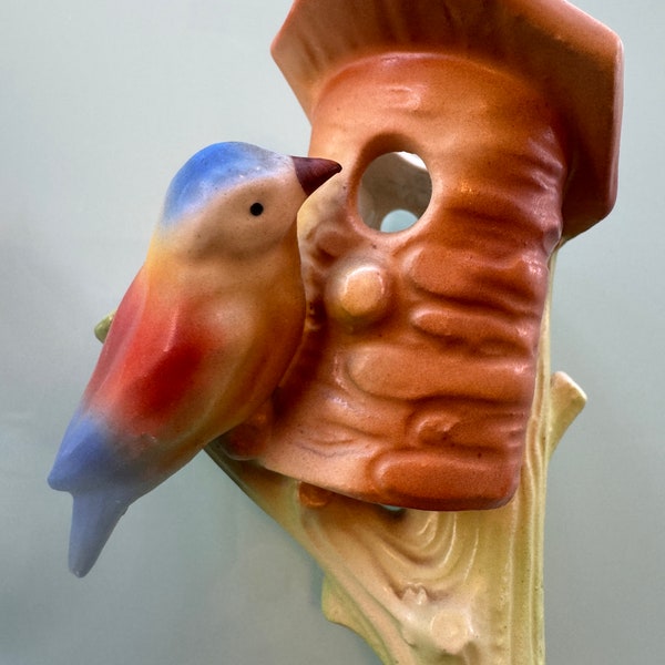 ATQ/VTG Bird on Birdhouse Wall Pocket Vase Czecho-Slovakia Pottery Dime Mark