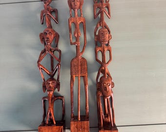 Chiffres totem africains vintage en bois d'ébène, sculptures tribales en bois du Malawi, 3 pièces fabriquées à la main en parfait état