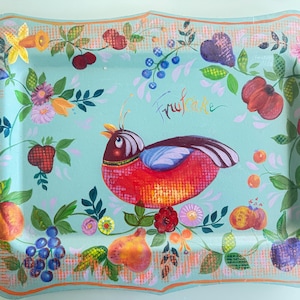 Folk Art Hand Painted Tray Metal Bird, flowers Grapes and Fruits fruitcake England Jlanja