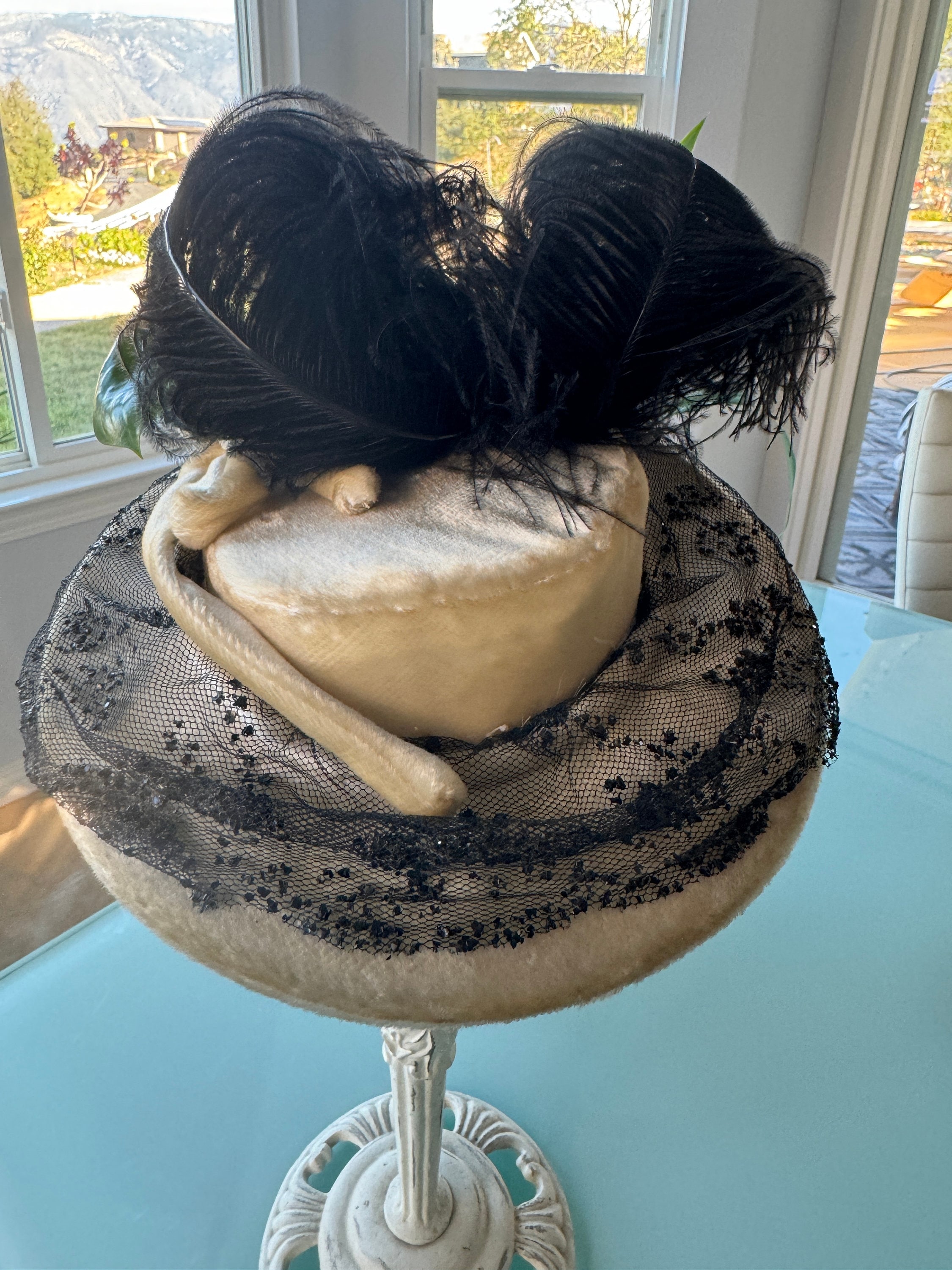 Vintage Velvet Millinery Hat: Yvonne California, Black Plume 