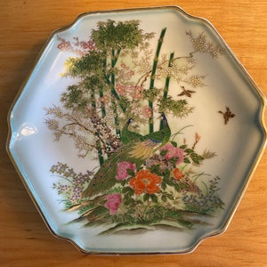 Vintage Midori Plate Peacock Pattern Octagon Plate Floral Pattern Japan 1970&#39;s