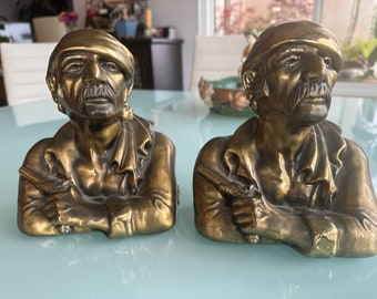 Marion Bronze Company Bookends HEAVY Metal Brass Finish Buccaneer Pirate Bust Bookends Arms Crossed with Pistol Signed MB