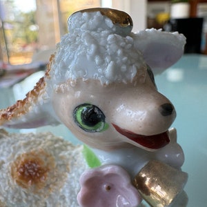 Sugar Lamb, Sheep w Flowers and Halo, Japan Japanese  Anthropomorphic Smiling Lamb Figurine ADORABLE