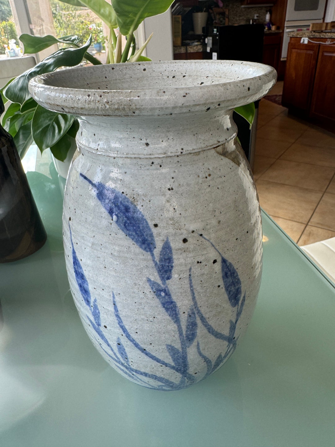 Pottery Studio Art Stoneware Vase Gray With Blue Fern 10" Signed Hand ...